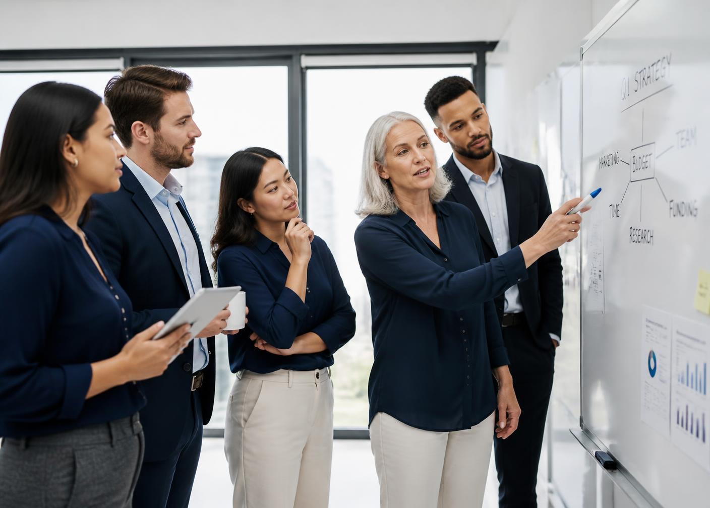 A diverse team of financial professionals collaborating in a bright office
